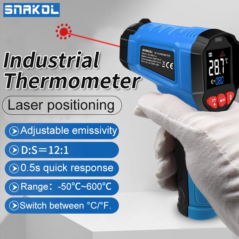 SNAKOL T600 Thermomètre infrarouge sans contact -50 ~ 600 ℃ Compteur de température Laser numérique, affichage LCD, pyromètre, testeur de pistolet à pointe
