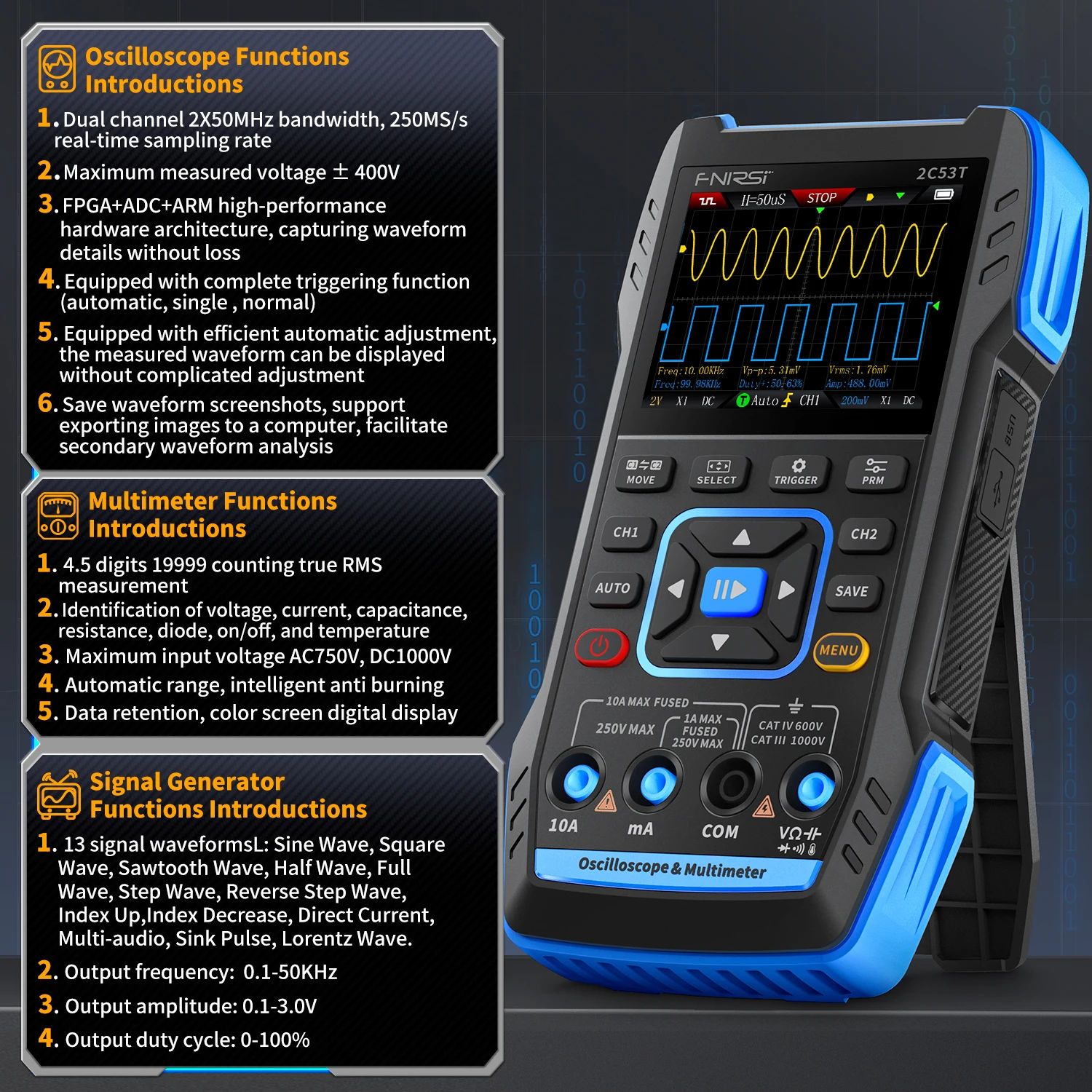 FNIRSI 2C23T 2C53T mise à niveau 50MHz Oscilloscope numérique portable multimètre générateur de Signal 3 en 1 outils automobiles à double canal – Image 2