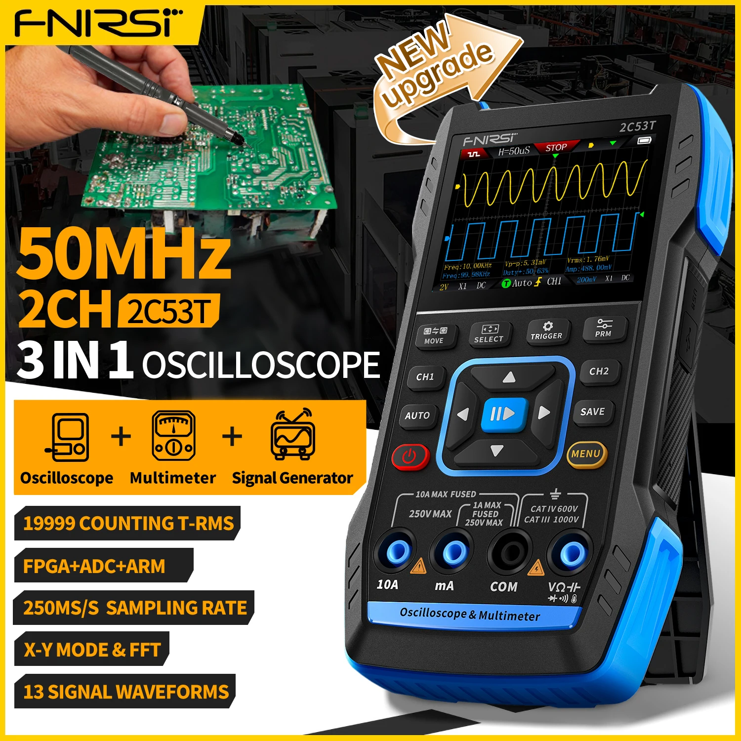 FNIRSI 2C23T 2C53T mise à niveau 50MHz Oscilloscope numérique portable multimètre générateur de Signal 3 en 1 outils automobiles à double canal